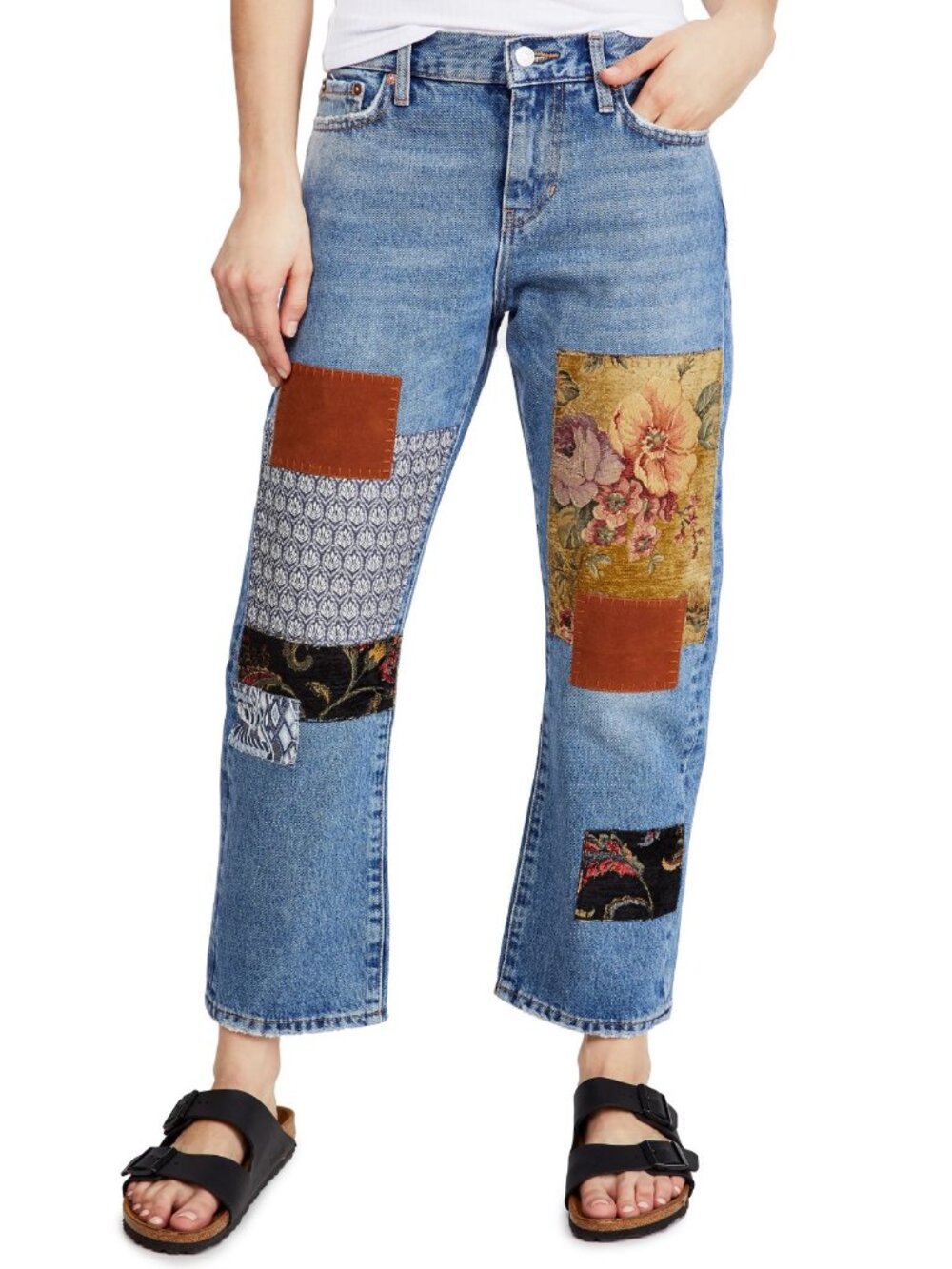 Free People We The Free Poppy Patch Straight Leg Jeans Blue Womens 28